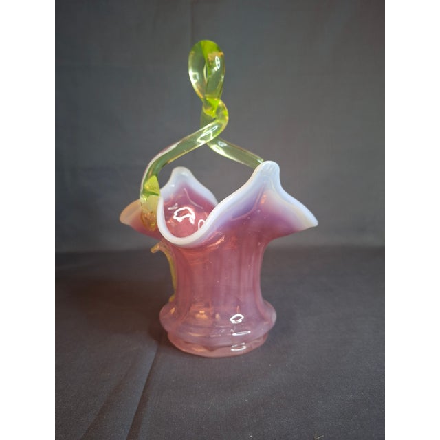 Pink Antique Stevens & Williams Art Glass Basket - Pink Opalescent Cased Glass - Applied Flower & Stem - Uranium Vaseline Glass Handle - Circa 1880s For Sale - Image 8 of 18