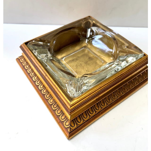 Vintage Glass Ashtray With Gilt Wood Base – Hollywood Regency Catchall or Bar Cart Accent For Sale - Image 4 of 6
