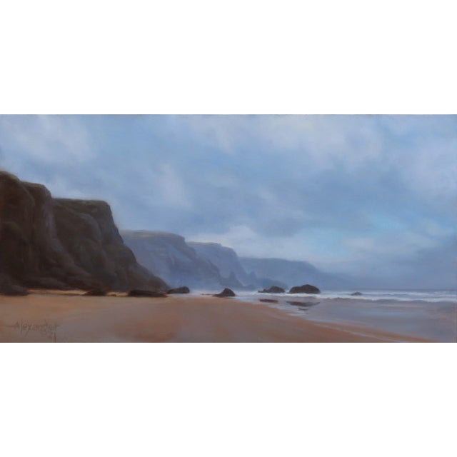 This oil painting captures a serene coastal scene, where soft, muted colors evoke a sense of tranquility and...