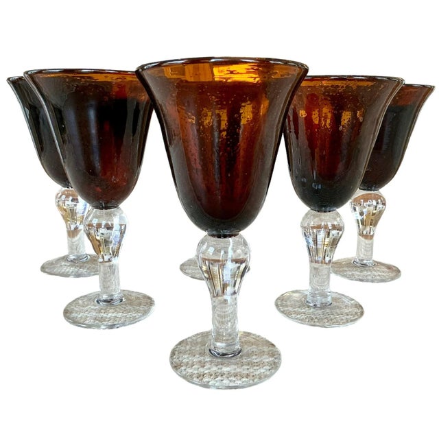 Set of 6 Large Hand Blown Glass Tortoise Amber Stemmed Goblets, 1970s For Sale - Image 11 of 12