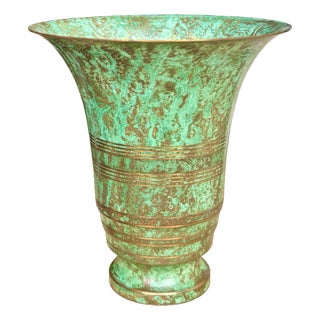 Vintage Carl Sorensen Art Deco Verdigris Bronze Trumpet Vase With Gilt Rings For Sale