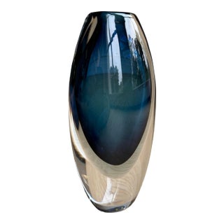 Vintage Vicke Lindstrand for Kosta Sweden Cobalt Blue Sommerso Art Glass Vase, Signed, Mid-Century Modern For Sale