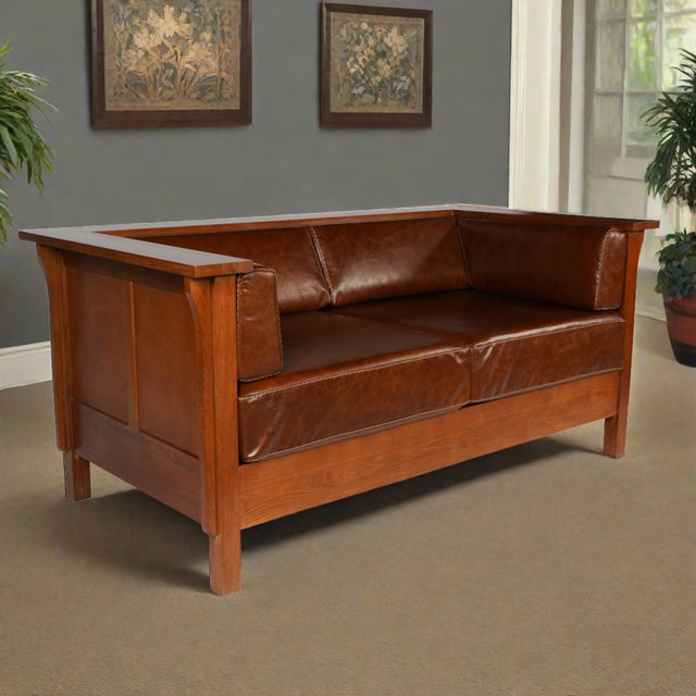 Animal Skin Craftsman Cubic Panel Side Love Seat - Chestnut Brown Leather For Sale - Image 7 of 7