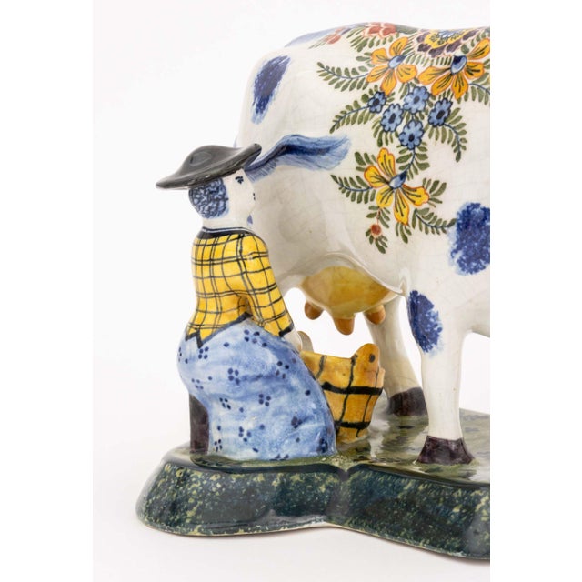 Rustic European Dutch Delft Cow and Milkmaid Figurines, Pair For Sale - Image 3 of 11