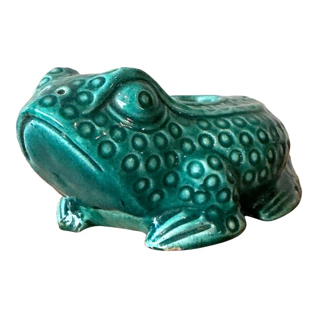 Vintage Boho Asian Glazed Ceramic Frog Planter For Sale