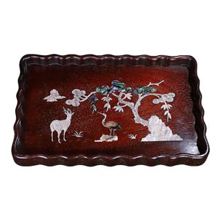 1990s Chinese Zitan Wood Tray With Mother-of-Pearl Deer and Crane Inlay For Sale