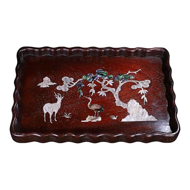 1990s Chinese Zitan Wood Tray With Mother-of-Pearl Deer and Crane Inlay For Sale