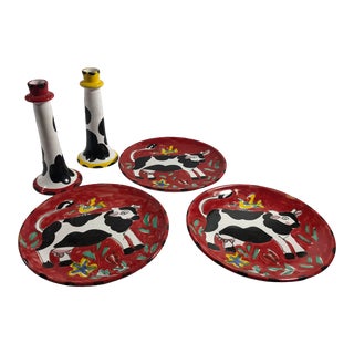 1980s Italian Hand Painted Cow Serving Plates and Candlesticks - Set of 5 For Sale