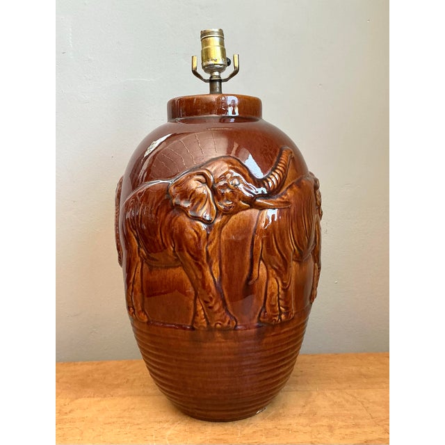 Vintage Brown Glazed Ceramic Elephant Lamp For Sale - Image 10 of 12