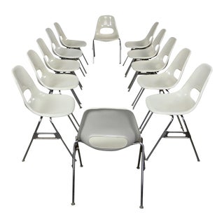 1960-1970’s Mid Century Modern Krueger International White Fiberglass & Chrome Stacking Chairs Set of 12 For Sale