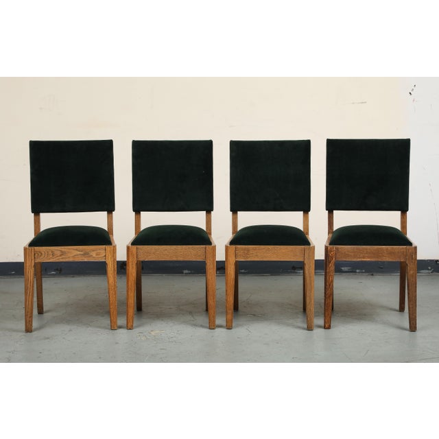 Set of Eight French Oak Dining Chairs in Forest Green Cotton Velvet, C. 1945 For Sale In New York - Image 6 of 18