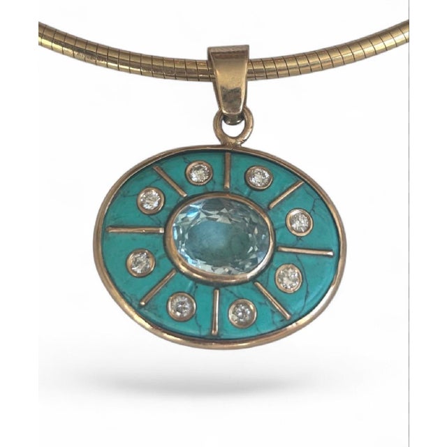Modern Sol Pendant, Turquoise With Blue Topaz, Diamonds & 14k Gold For Sale - Image 3 of 12