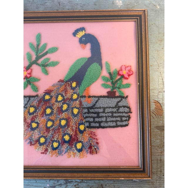 Glass Vintage Hand-Stitched Peacock Pair in Front of Pink Flowers - Loop Embroidery Framed Under Glass For Sale - Image 7 of 11