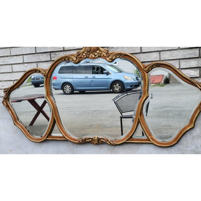 Wood 1920 Louis XV Style Triple Gilded Wall Mirror Gold Rococo Accent For Sale - Image 7 of 17