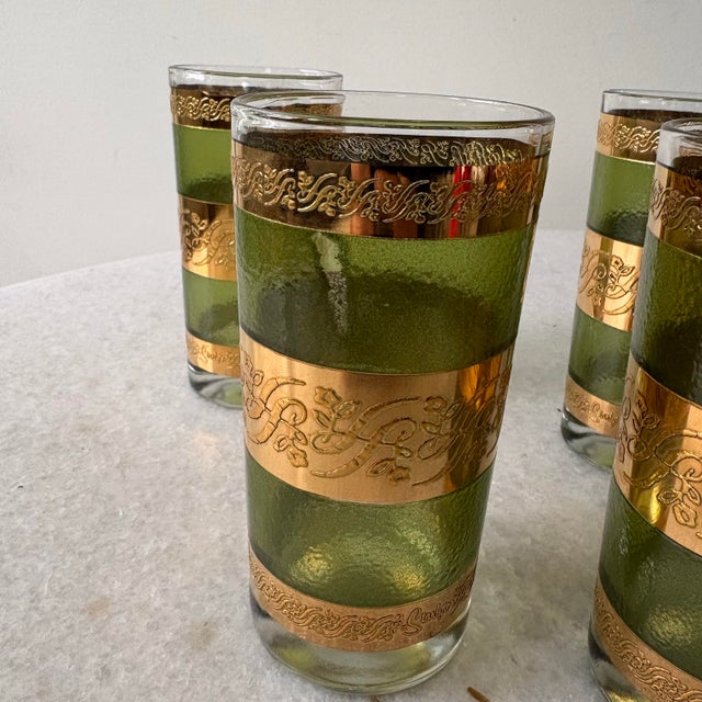Mid-Century Modern 1950s Mid-Century Green and 22k Gold Highball Cocktail Glasses, Set of 4 For Sale - Image 3 of 4