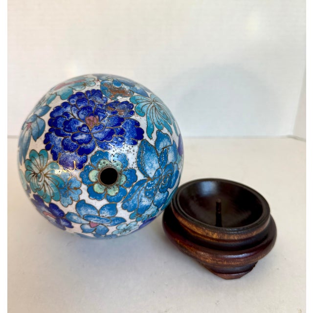 Vintage Display Size Blue Floral Cloisonné Egg on Wood Stand For Sale - Image 12 of 12