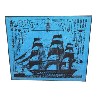 Framed Tall Ship Blueprint Screen Print, Vintage Maritime Design 48x40 For Sale