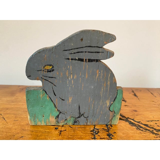 Charming vintage folk art bunny rabbit door stop. Handmade from wood, hand painted and very sweet.