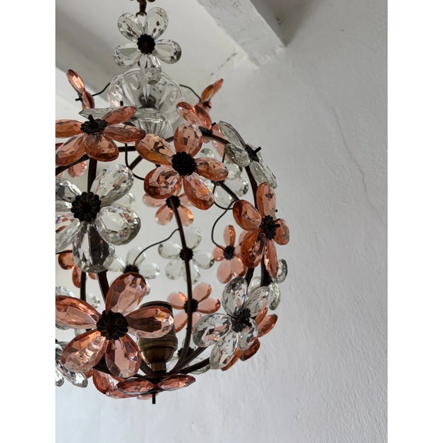Peach 1920s French Peach Flower Ball Crystal Prisms Maison Baguès Style Chandelier For Sale - Image 8 of 11