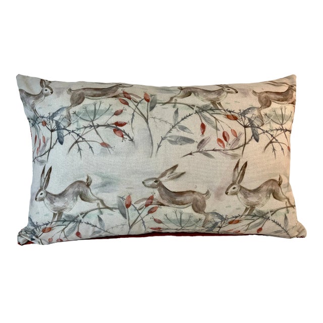 Large Bolster Pillow Adorned With a Fluffle of Bounding Rabbits/Hares With a Water Color Look - Made in U K For Sale