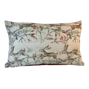Large Bolster Pillow Adorned With a Fluffle of Bounding Rabbits/Hares With a Water Color Look - Made in U K