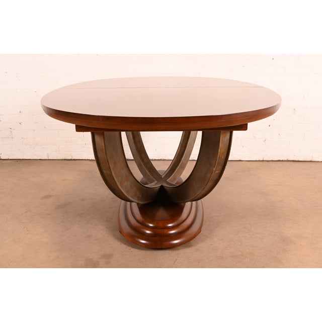 Henredon Art Deco Ash and Burl Wood Parquet Top Pedestal Extension Dining Table, Newly Refinished For Sale - Image 14 of 15