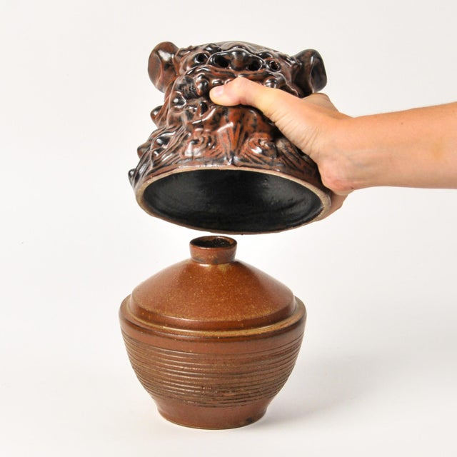 Vintage Japanese Sake Bottle With Ceramic Shisha Foo Dog Lid For Sale In Rochester - Image 6 of 14
