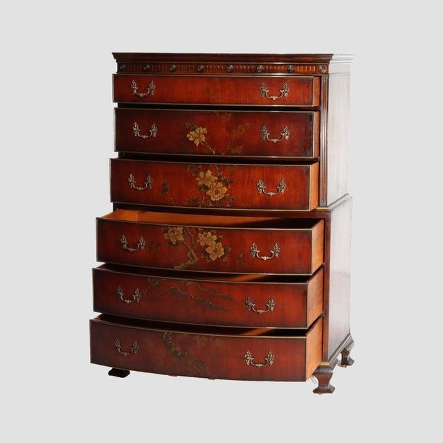 Floral Painted Chinese Chippendale Mahogany Six Drawer Highboy Chest C1920 For Sale - Image 12 of 18