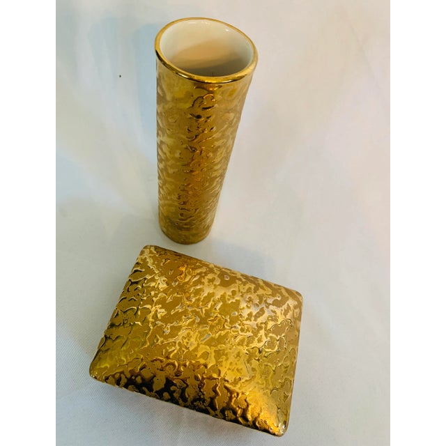 1970s 22 Kt Gold Ceramic Bud Vase and Trinket Box Vanity Set - 2 Pieces For Sale - Image 10 of 13