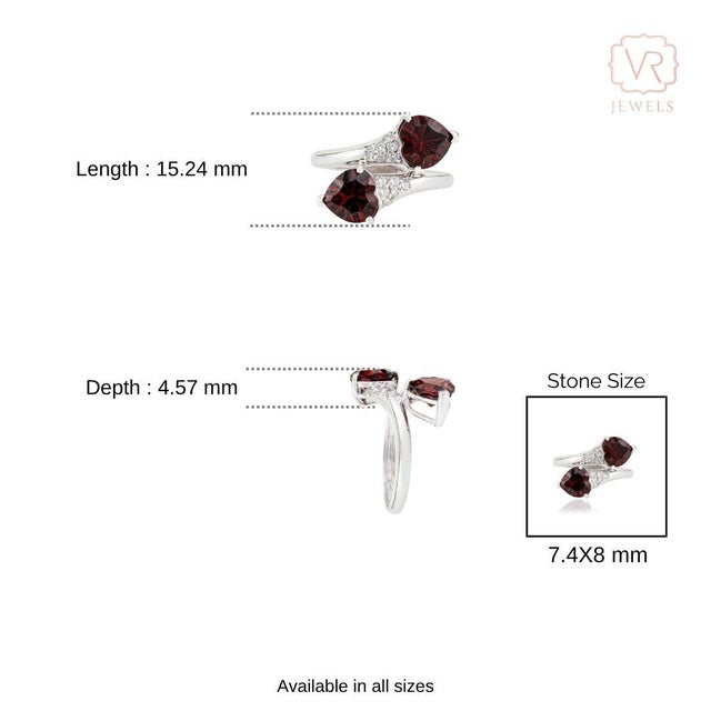 Chic 3.95ct Heart Shape Garnet Diamond Art Deco Bypass Ring Size 9 in 14k Gold For Sale - Image 11 of 15