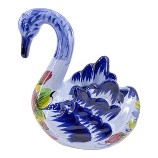Vintage MCM Portugal Blue Portuguese Hand Painted Pottery Swan Planter For Sale