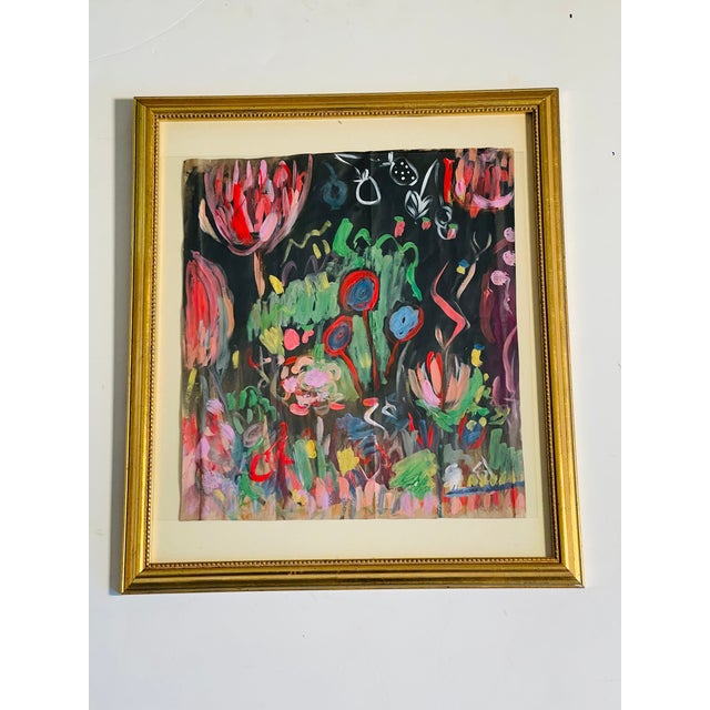 Abstract modern mixed media acrylic with crayons and markers painting on brown paper signed and framed, Magic Garden at...