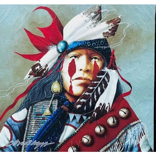 Rustic Late 20th Century J. D. Challenger Signed Native American Portraits on Canvas, Set of 4 For Sale - Image 3 of 8