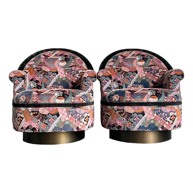 Vintage Postmodern Martin Barttrud Printed Swivel Chairs - A Pair For Sale