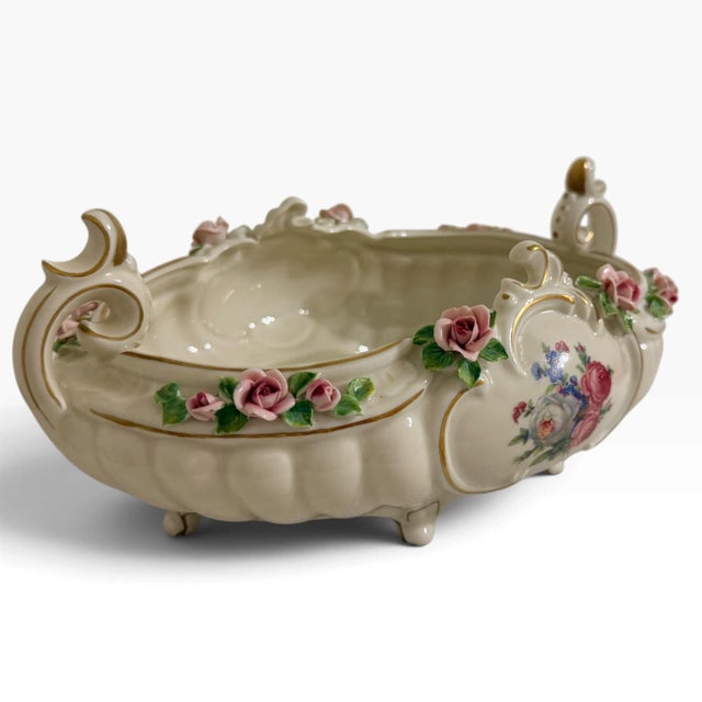 1940s Vintage German Dresden Porcelain Rose Console Bowl For Sale - Image 5 of 15