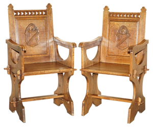 Set of Antique English Carved Oak Armchairs with Armorial Crest Coat of Arms, 1860