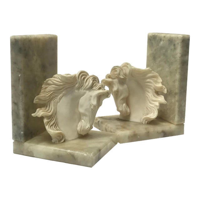 Vintage Equestrian Hand-Carved Alabaster Bookends- a Pair For Sale