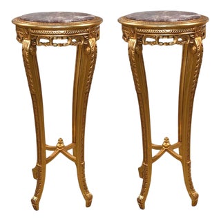 French Louis XVI Giltwood Pedestal Tables with Marble Tops, Set of 2 For Sale