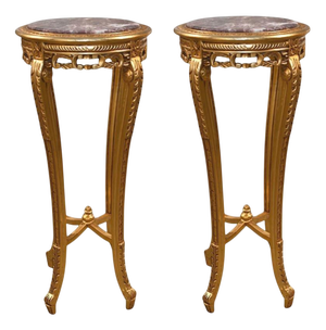 French Louis XVI Giltwood Pedestal Tables with Marble Tops, Set of 2