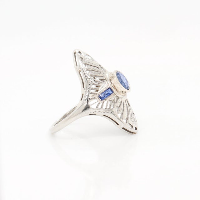 Silver 18k White Gold, Sapphire, and Diamond Art Deco Style Filigree Cocktail Ring For Sale - Image 8 of 11