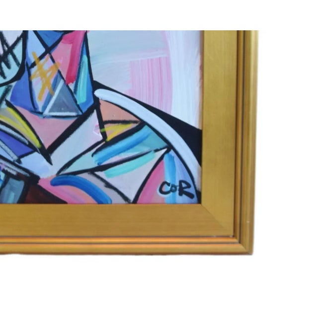 Contemporary Modern Listed Artist Cubism Portrait Oil Painting Including the Antiqued Gold Wood Frame For Sale - Image 4 of 9