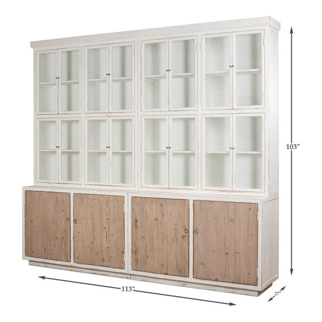 Farmhouse Pine Bookcase with Glass Doors and Weathered Wood Base For Sale - Image 10 of 10