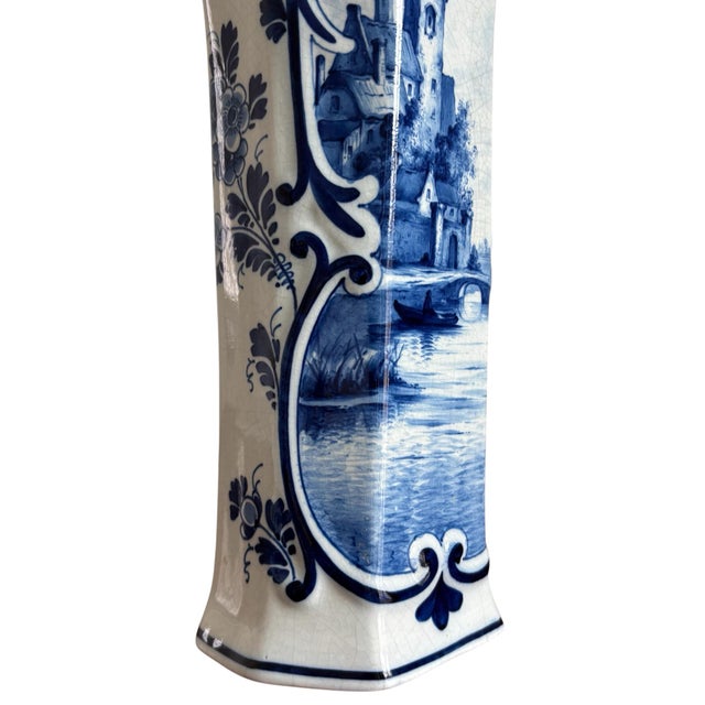 Antique Royal Delft (1908) Hand Painted Romantic Scene Blue White Beaker Vase For Sale In Chicago - Image 6 of 9