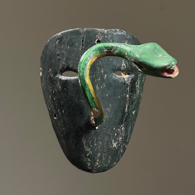Mexican Antique Hand Carved Folk Art Polychrome Mexican Dance Mask W/ Snake For Sale - Image 3 of 8