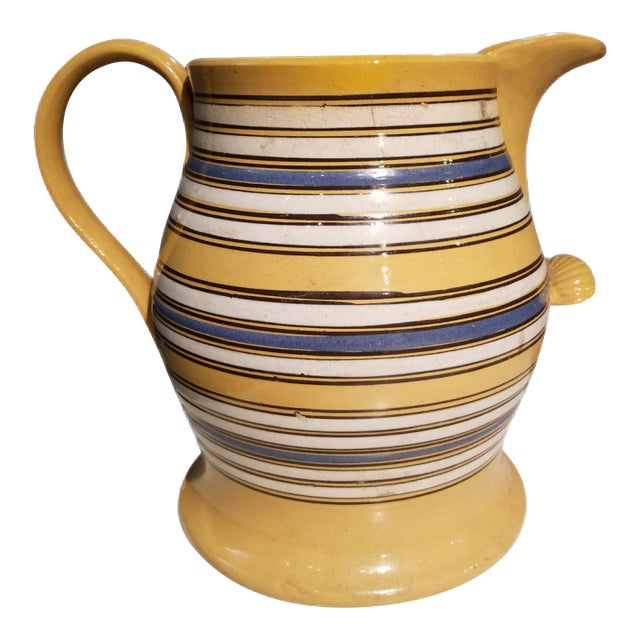 Large Mocha Yellow Ware Jug With Blue, White and Brown Slip Bands and Shell Grip For Sale