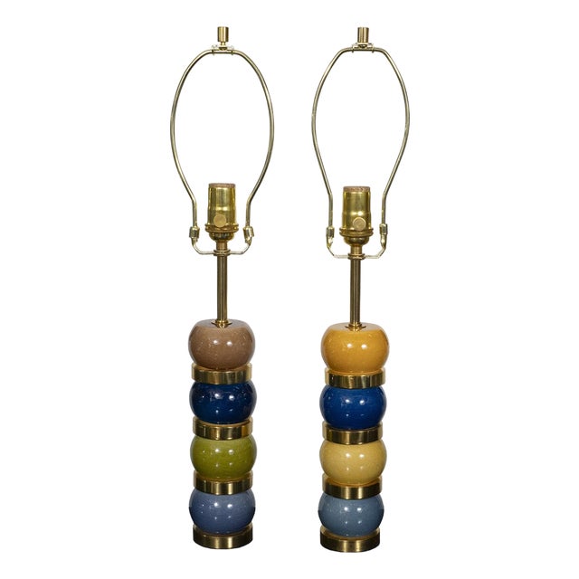 Pair of multicolored ceramic and brass table lamps For Sale