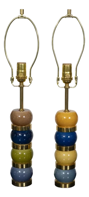 Pair of multicolored ceramic and brass table lamps