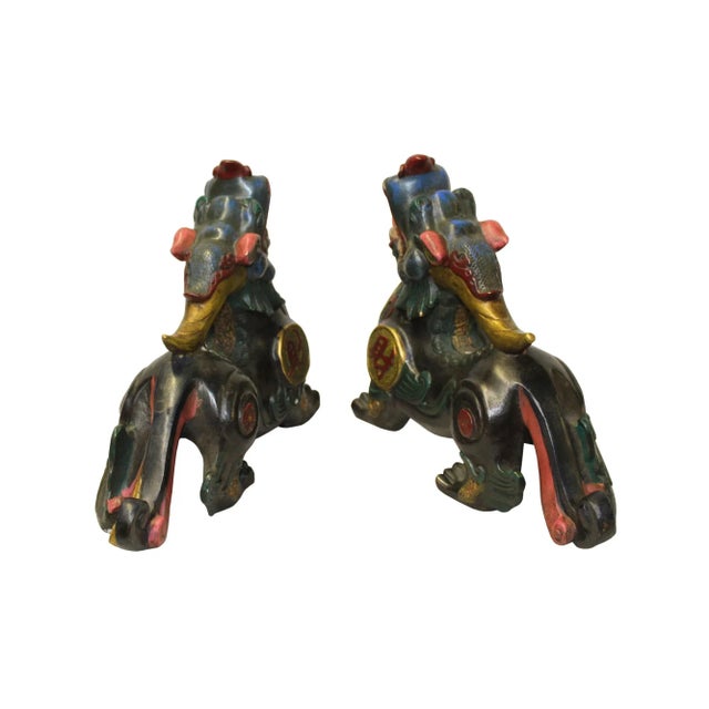 Figurative Chinese Metal Color Painted Forturn Fengshui Pixiu Figures - a Pair For Sale - Image 3 of 7