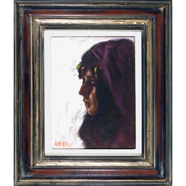 Philippe Alfieri, Profile of Girl in Purple Head Scarf, Oil on Canvas, Signed l.l. For Sale