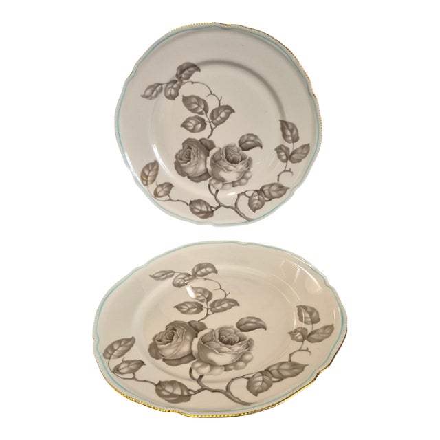 Mid 20th Century Pair of Dinner Plates Castleton Gloria Porcelain Taupe Roses Blue Band 22Kt Gold Trim For Sale